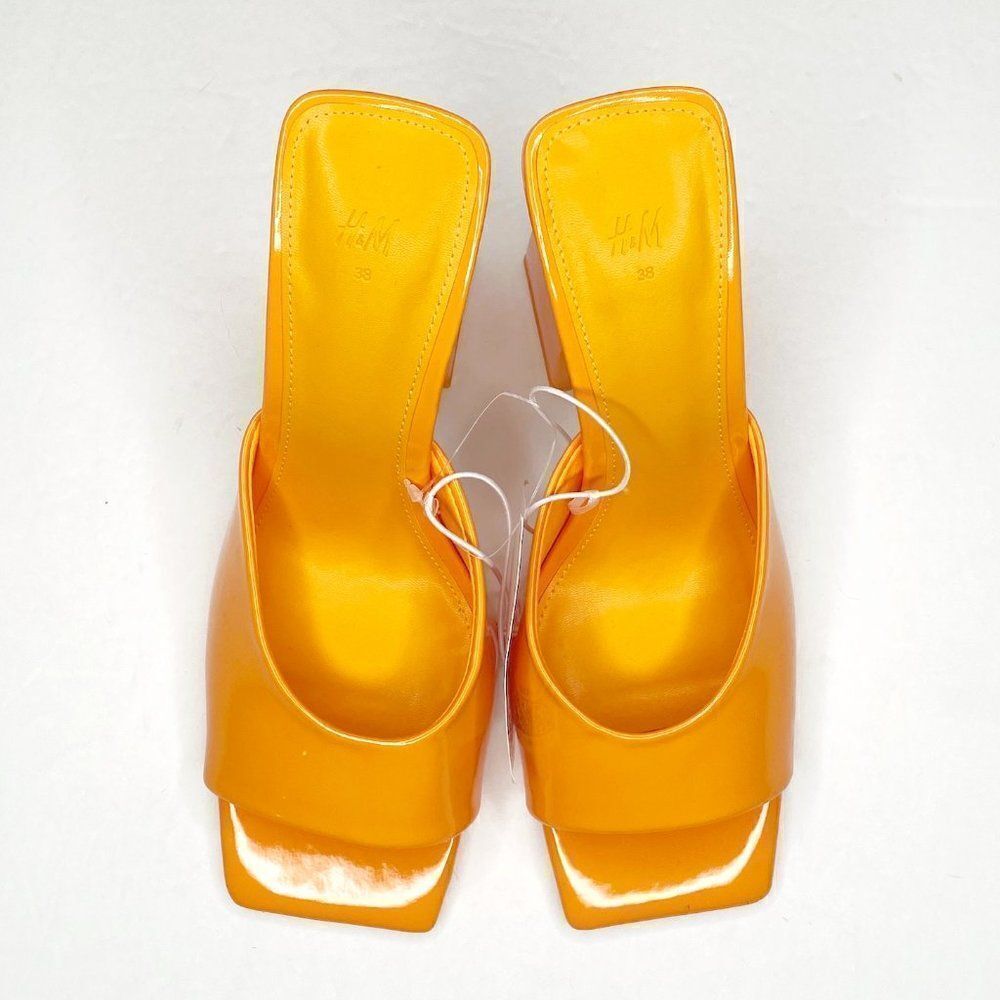 H&M Square Toe Chunky Heel Patent Mules Sandals in Yellow Orange Size 7 NEW - Picture 3 of 11